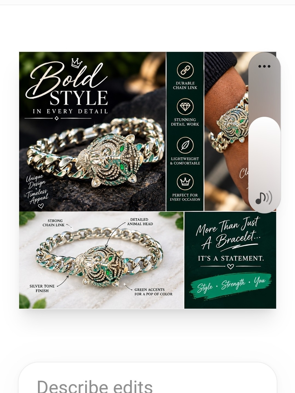 Bold Style Silver Tone Bracelet with Green Accents